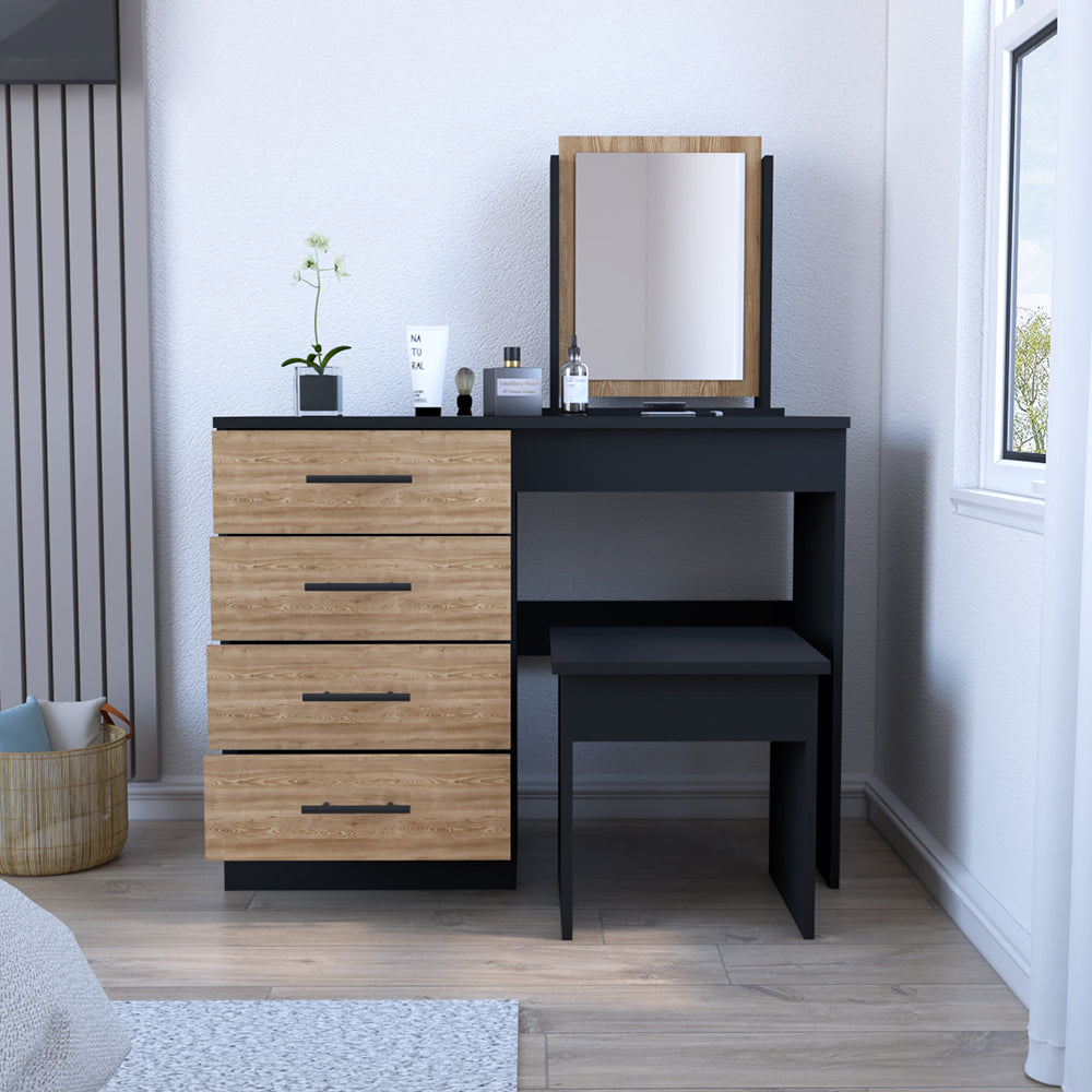 Makeup Dressing Table Roxx, Four Drawers, One Mirror, Stool, Black Wengue / Pine Finish-1