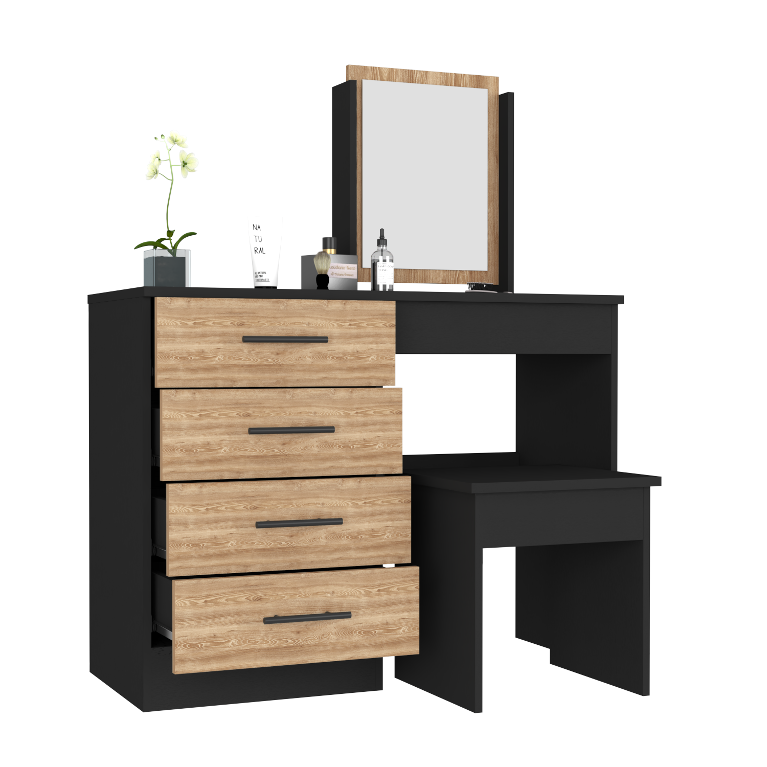 Makeup Dressing Table Roxx, Four Drawers, One Mirror, Stool, Black Wengue / Pine Finish-4