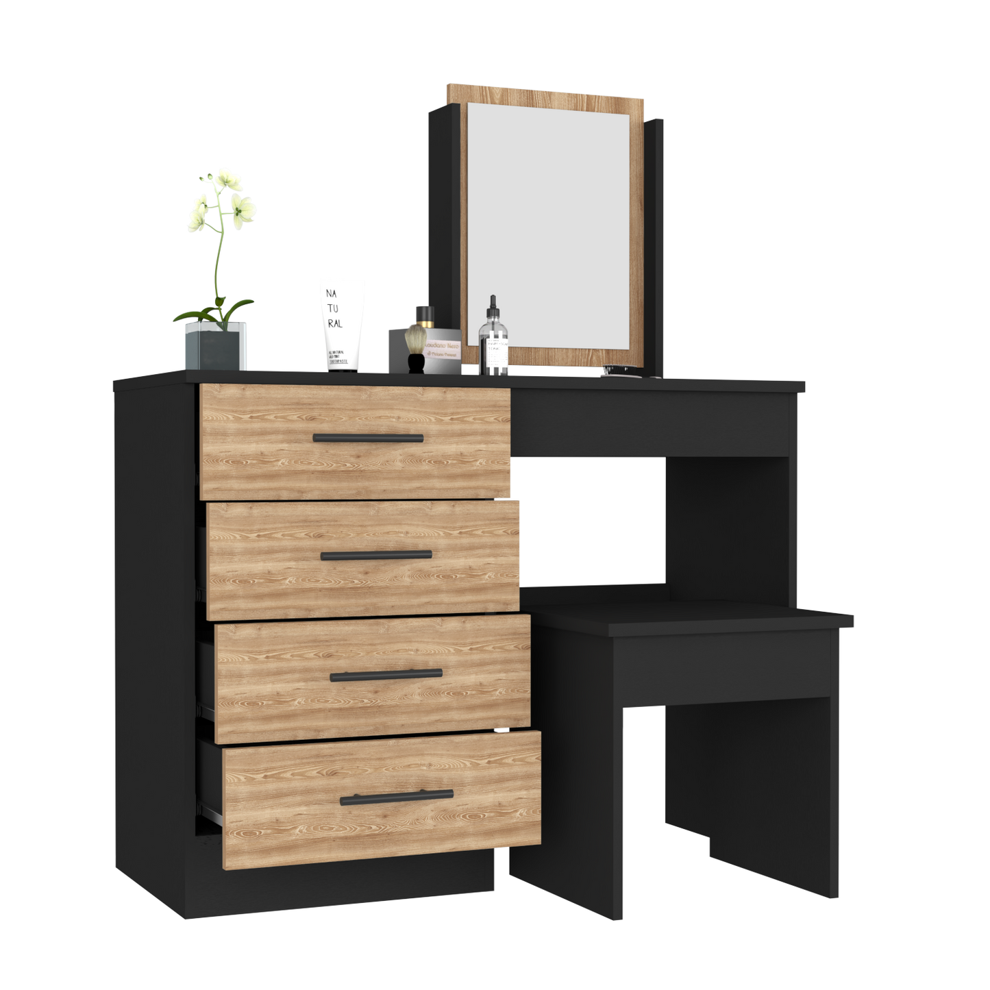 Makeup Dressing Table Roxx, Four Drawers, One Mirror, Stool, Black Wengue / Pine Finish-4