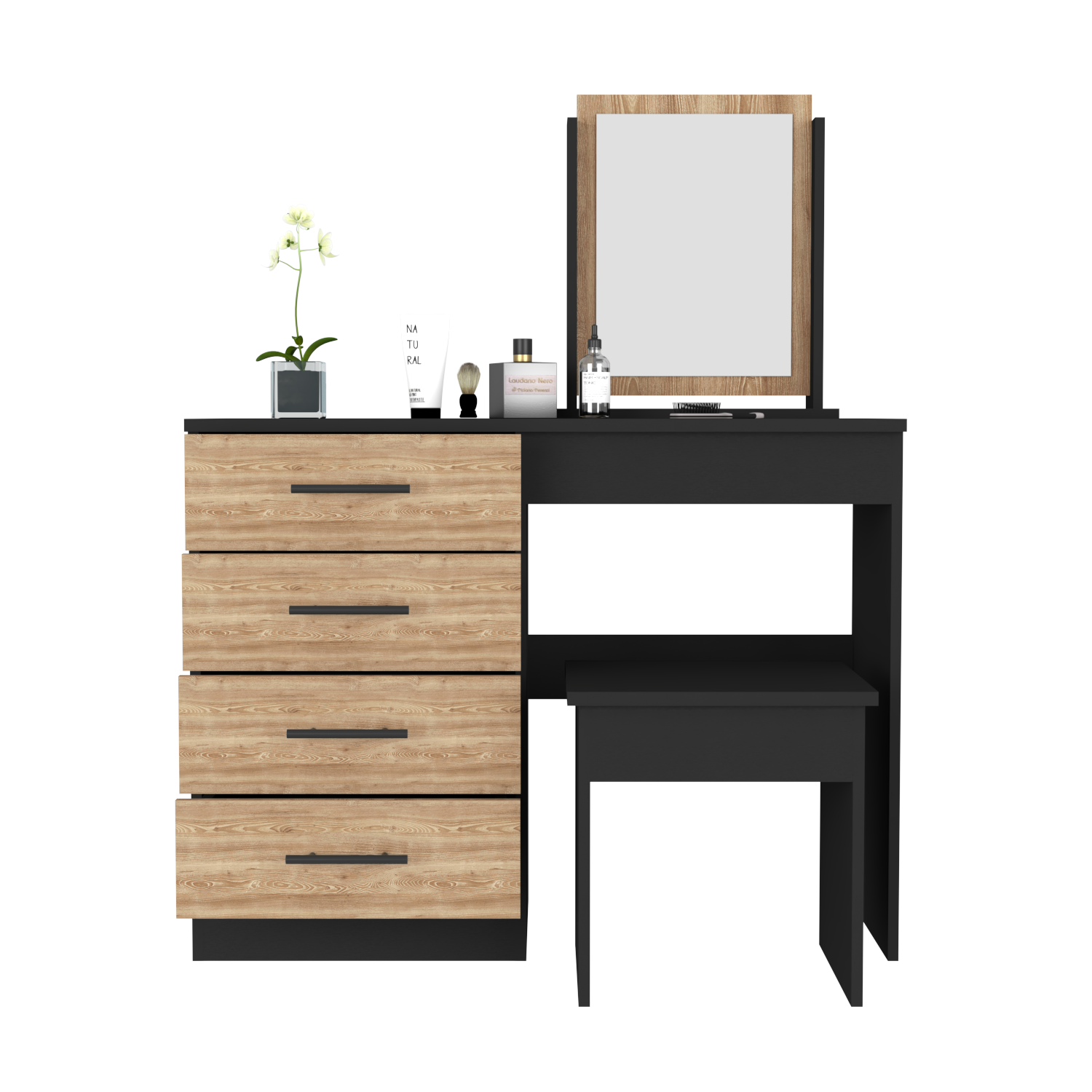 Makeup Dressing Table Roxx, Four Drawers, One Mirror, Stool, Black Wengue / Pine Finish-2