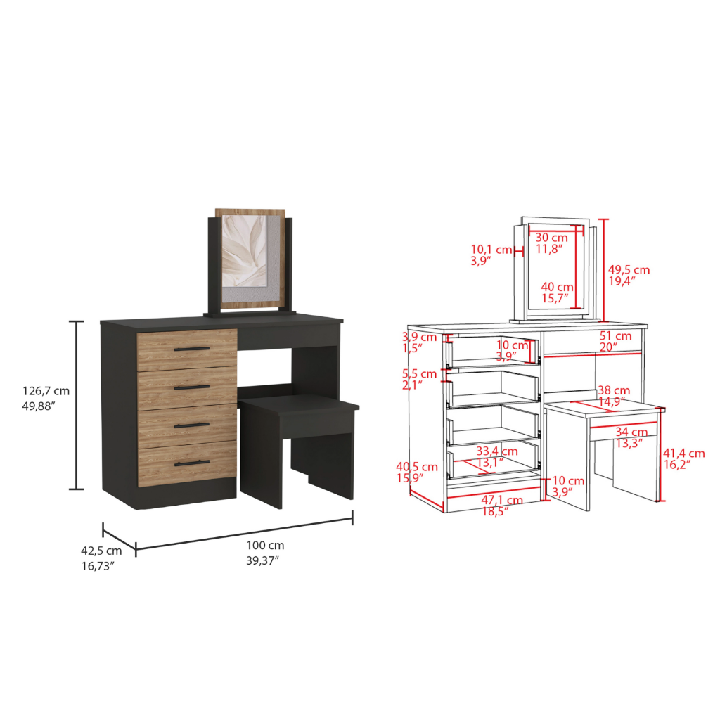 Makeup Dressing Table Roxx, Four Drawers, One Mirror, Stool, Black Wengue / Pine Finish-3