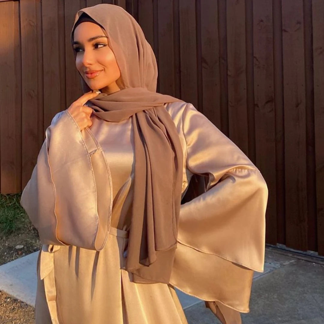 Ramadan Eid Satin Hijab Dress Dubai Abaya Turkey Summer Flare Sleeve Muslim Fashion Maxi Dresses for Women Islam Clothing kaftan