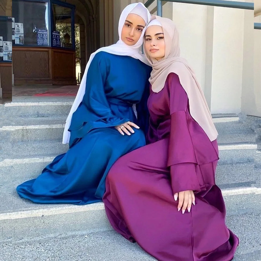 Ramadan Eid Satin Hijab Dress Dubai Abaya Turkey Summer Flare Sleeve Muslim Fashion Maxi Dresses for Women Islam Clothing kaftan