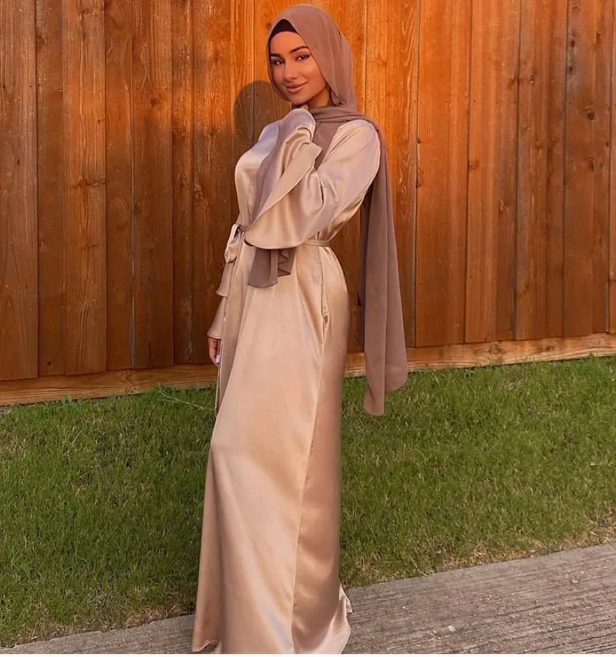 Ramadan Eid Satin Hijab Dress Dubai Abaya Turkey Summer Flare Sleeve Muslim Fashion Maxi Dresses for Women Islam Clothing kaftan