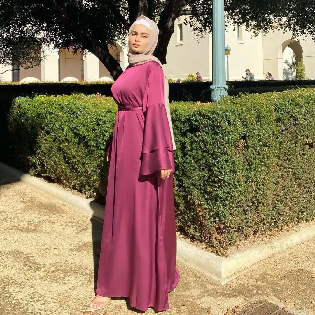 Ramadan Eid Satin Hijab Dress Dubai Abaya Turkey Summer Flare Sleeve Muslim Fashion Maxi Dresses for Women Islam Clothing kaftan