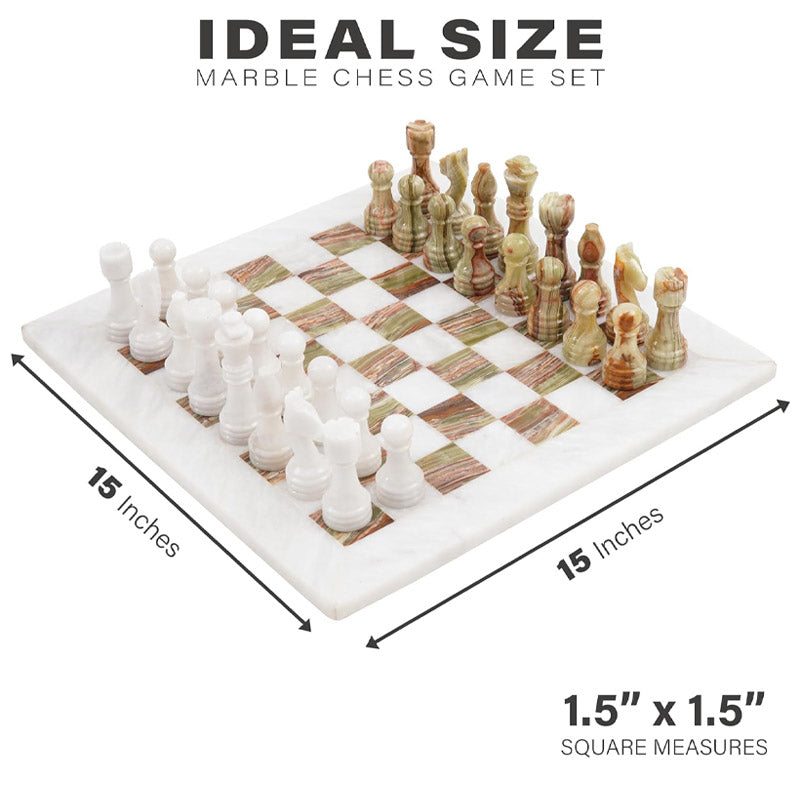 White and Green 15 Inches High Quality Onyx Marble Chess Set (With Storage Box)-4