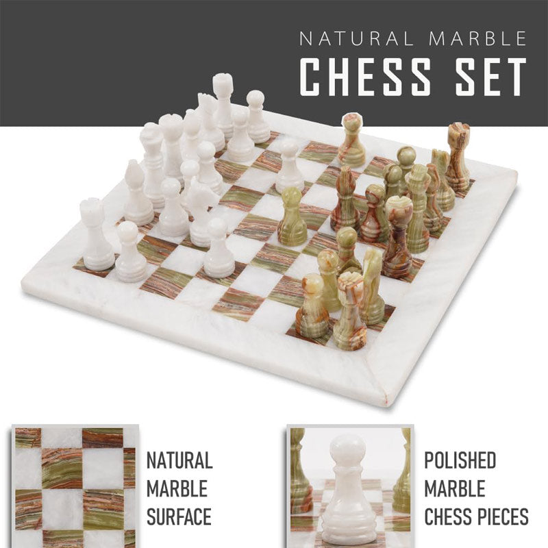 White and Green 15 Inches High Quality Onyx Marble Chess Set (With Storage Box)-2