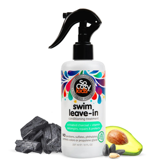 SoCozy Swim Leave In Conditioner Spray & Treatment for Kids Hair (8 Fl Oz) Protects & Repairs Pool, Sun & Salt Damaged Hair, Gentle Formula with Activated Charcoal, Vitamin B5 & Sunflower Seed Extract 8 Fl Oz (Pack of 1)