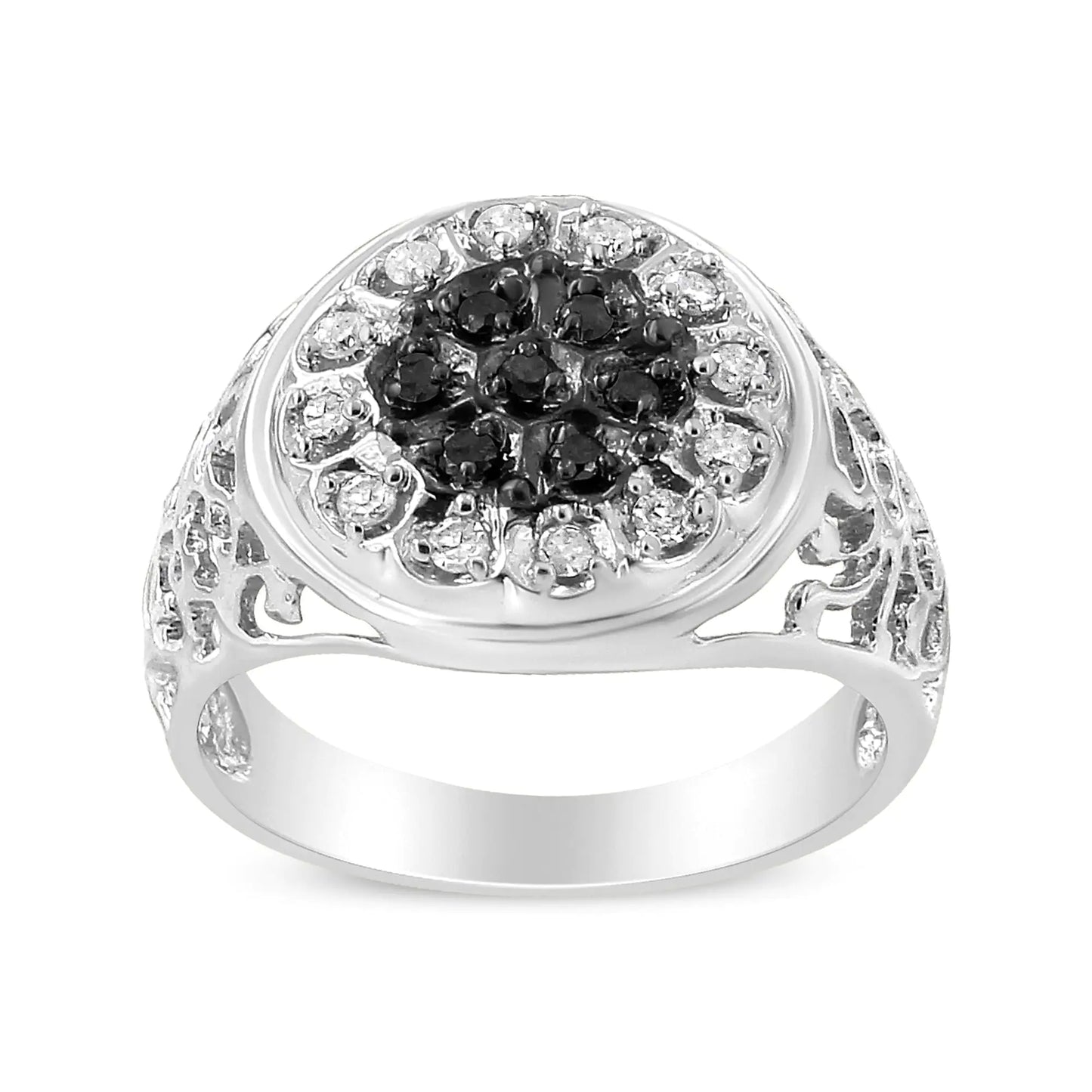 .925 Sterling Silver 1/4 Cttw White and Black Treated Diamond Halo Cluster Ring for Men (I-J Color, I3 Clarity)