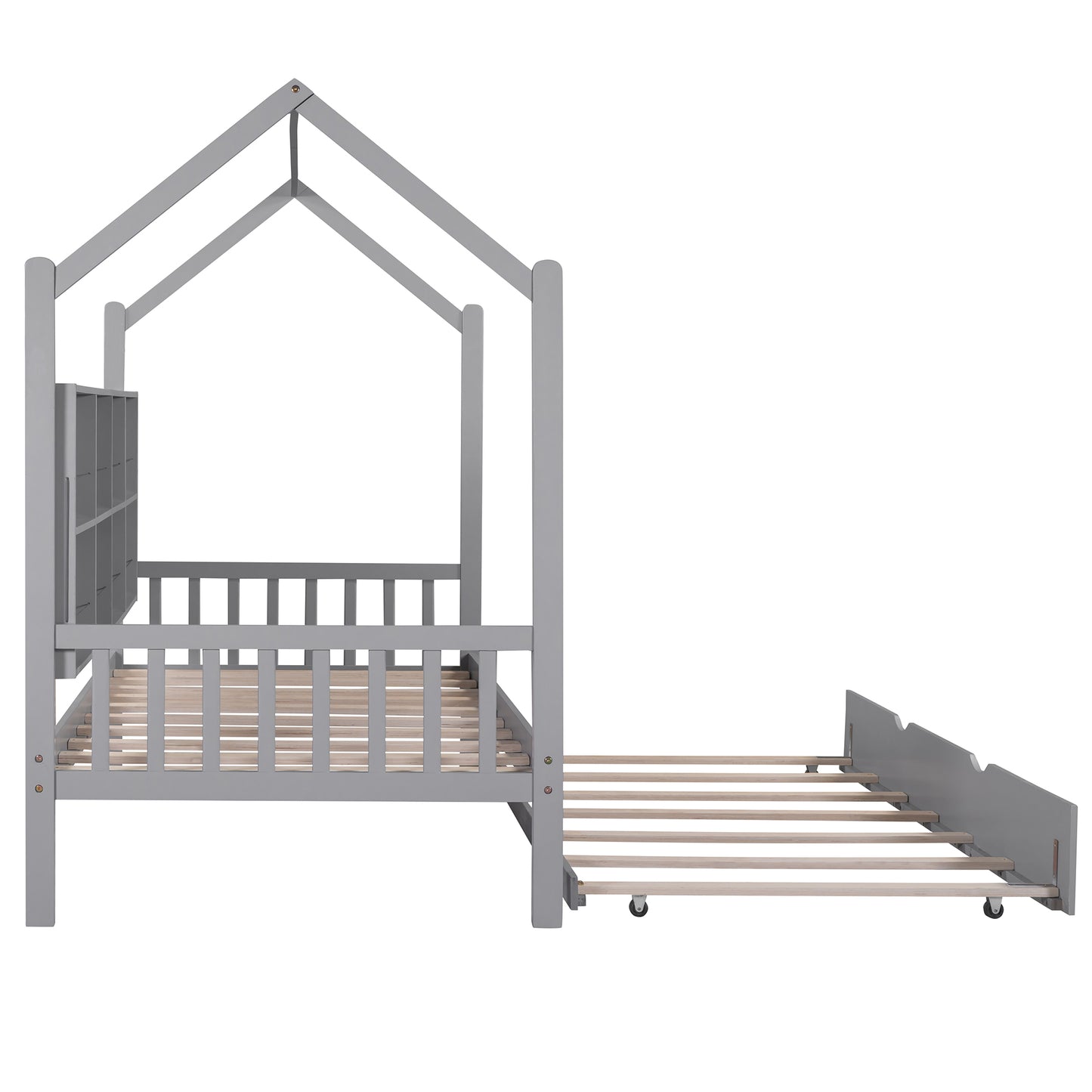 Wooden Twin Size House Bed with Trundle,Kids Bed with Shelf, Gray