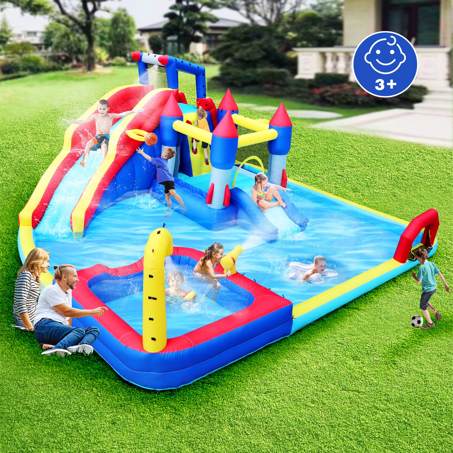 10 in1 Inflatable slide water park  bouncing house garden with splash pool & water gun & basketball & climbing wall & dual pools & soccer