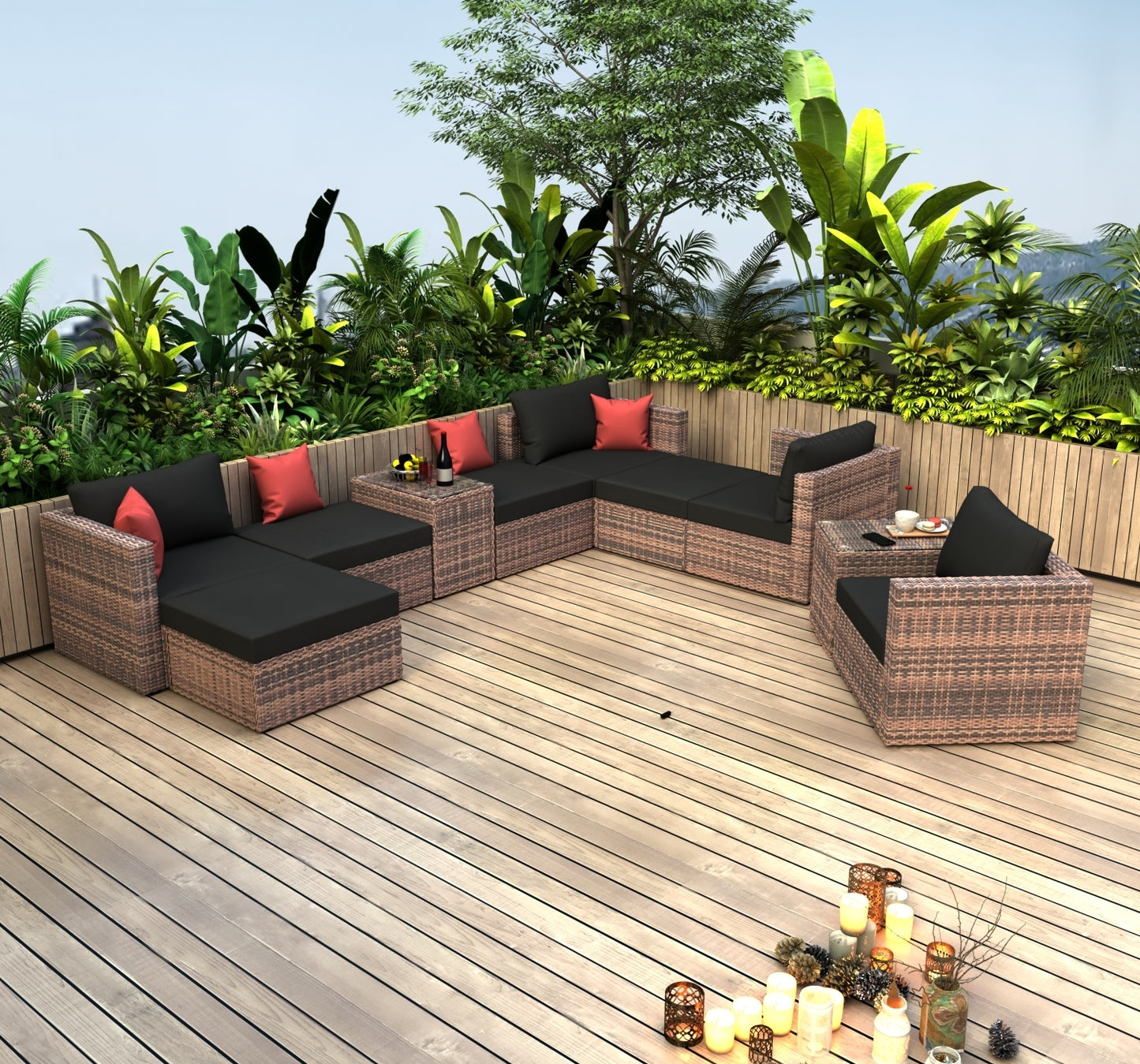 10 Pieces Outdoor Patio Garden Brown Wicker Sectional Conversation Sofa Set with Black Cushions and Red Pillows,w/ Furniture Protection Cover