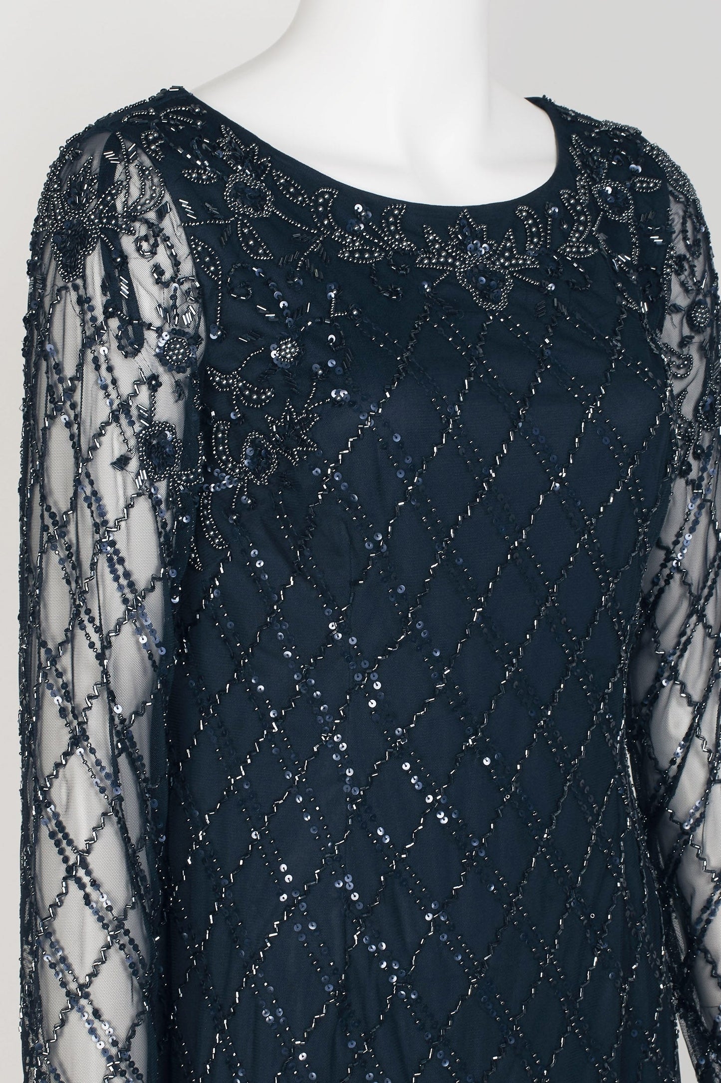 Adrianna Papell Scoop Neck Illusion Long Sleeve Sequined Beaded Zipper Back Shift Mesh Dress-2