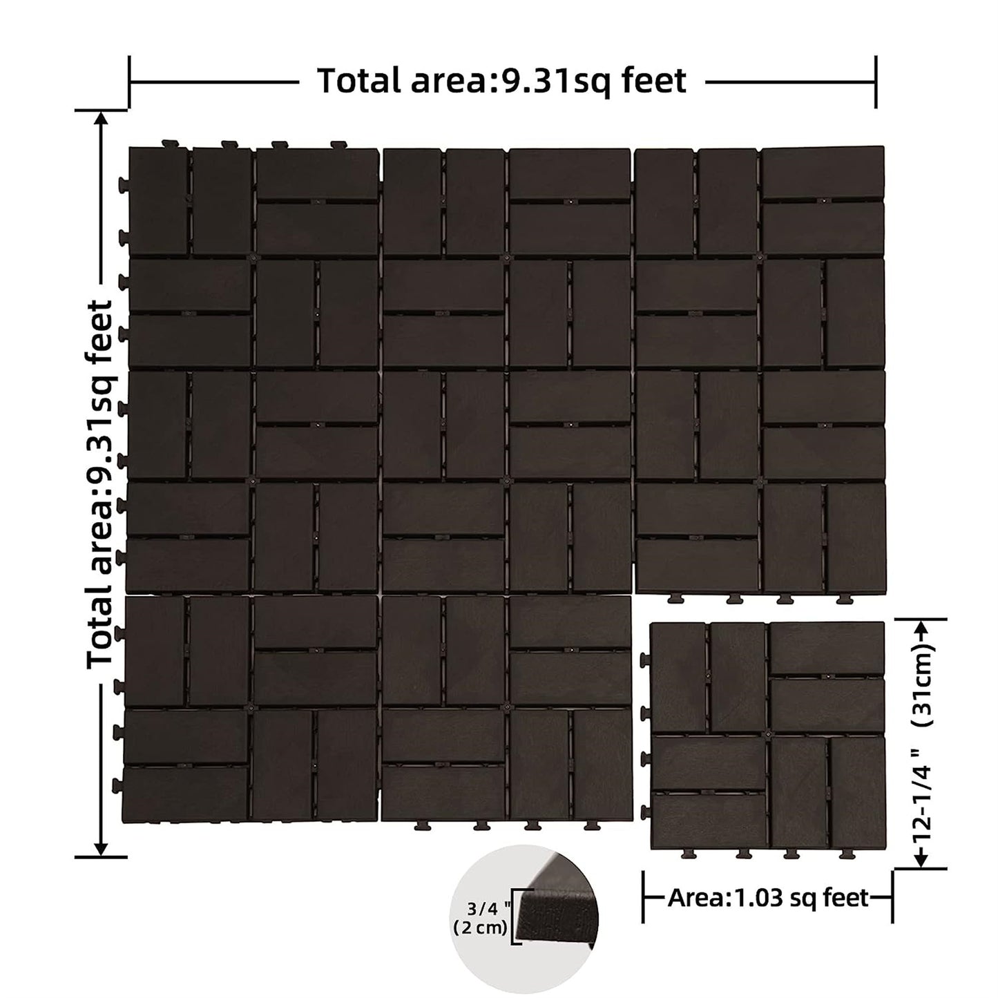 Patio Interlocking Deck Tiles, 12"x12" Square Composite Decking Tiles, Four Slat Plastic Outdoor Flooring Tile All Weather for Balcony Porch Backyard (Brown, Pack of 9)