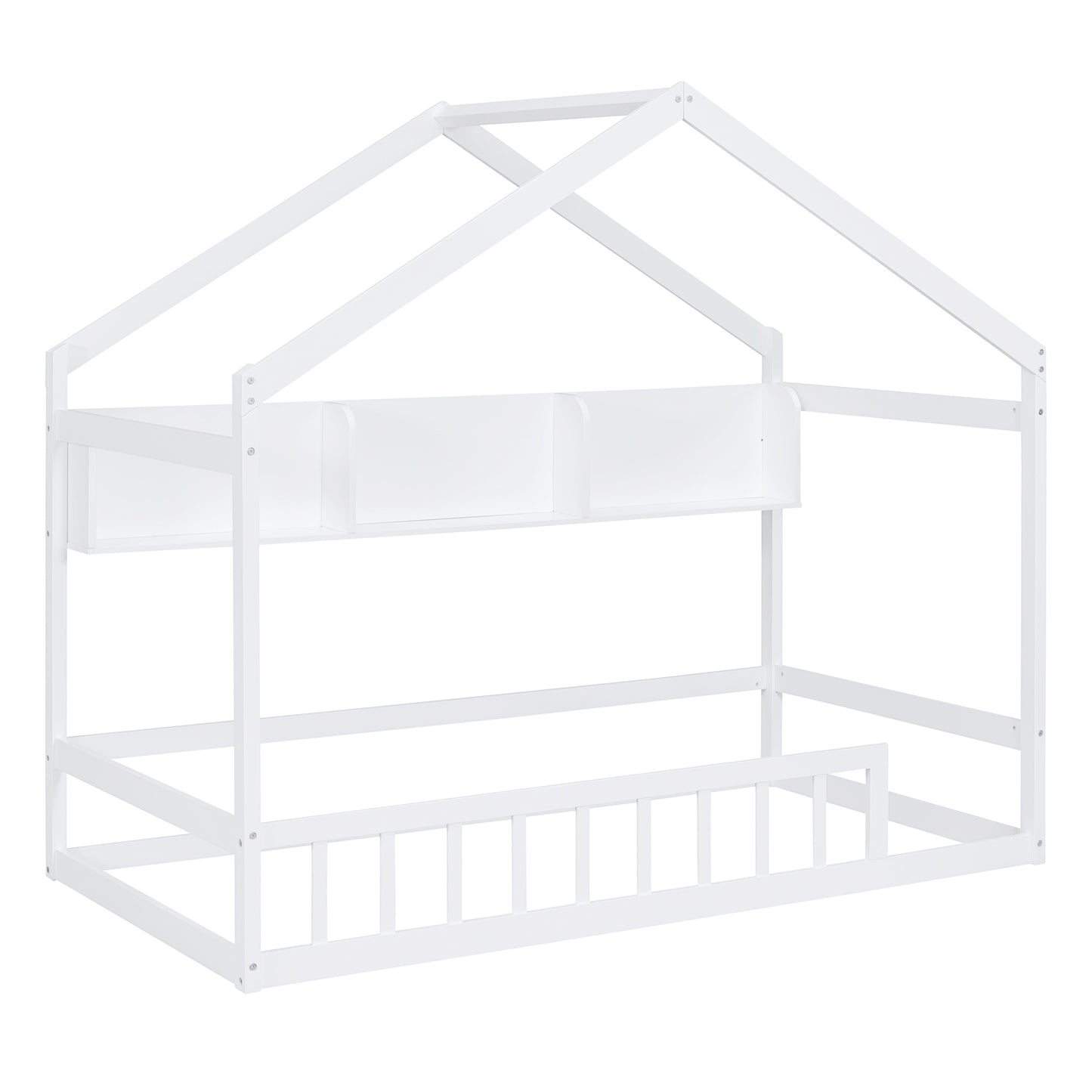 Wooden Twin Size House Bed with Storage Shelf,Kids Bed with Fence and Roof, White