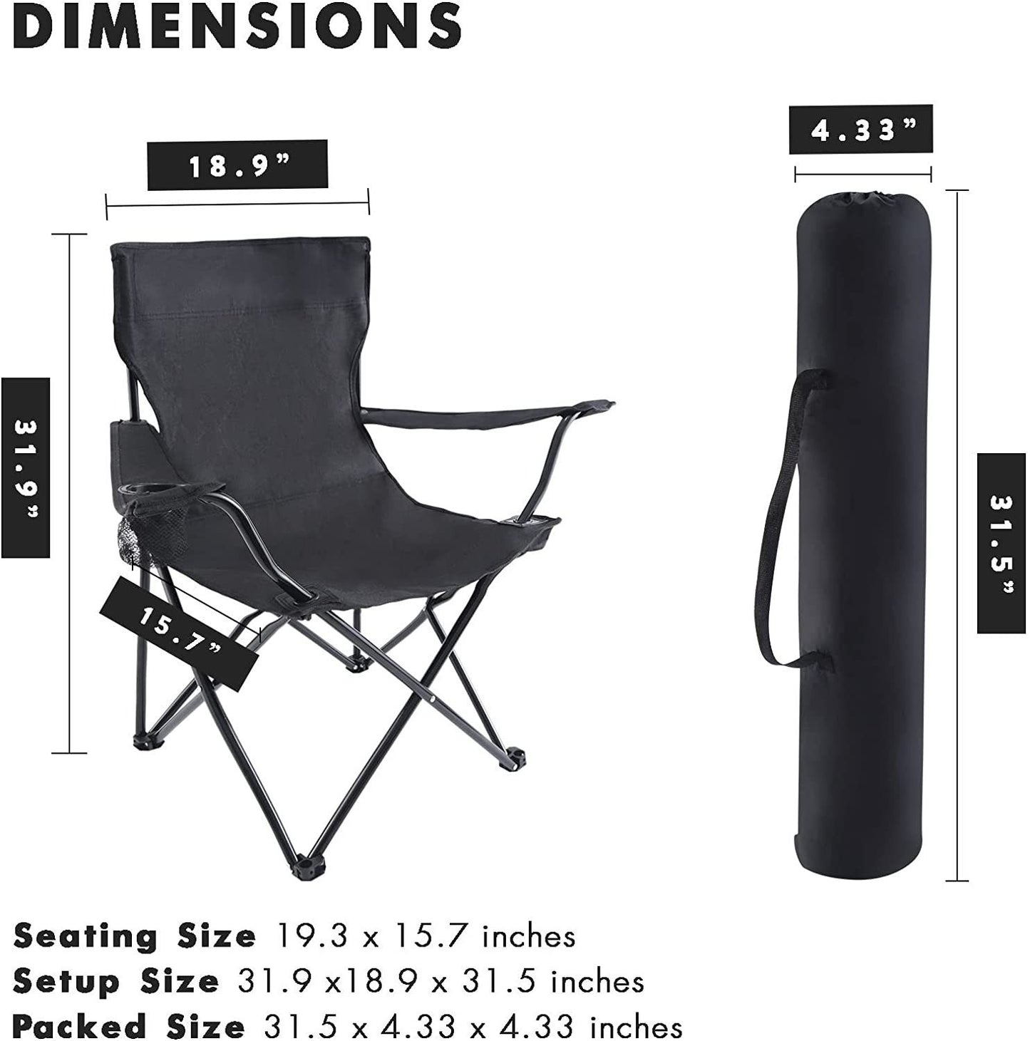 YSSOA Portable Folding Black Camping Chair, Large