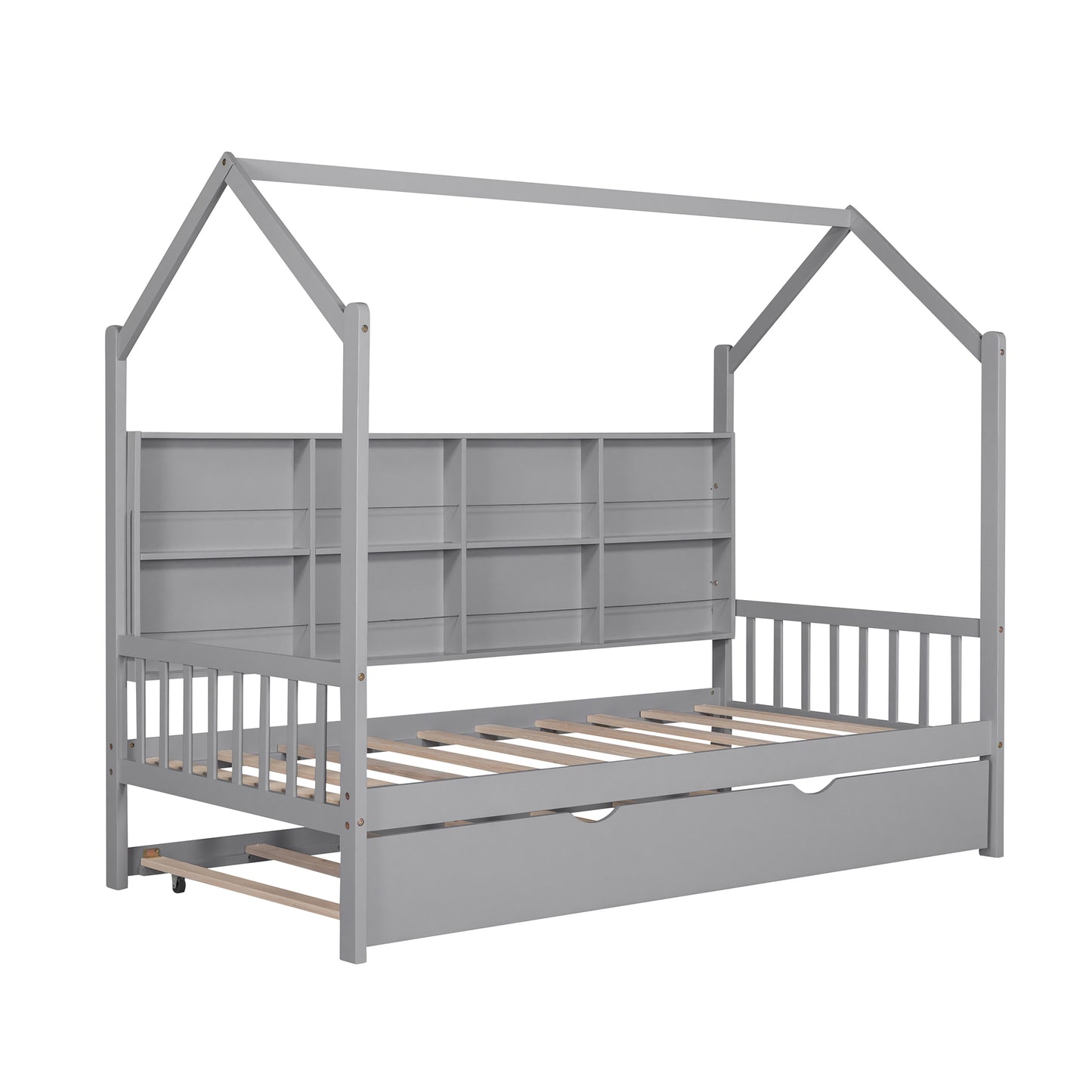 Wooden Twin Size House Bed with Trundle,Kids Bed with Shelf, Gray