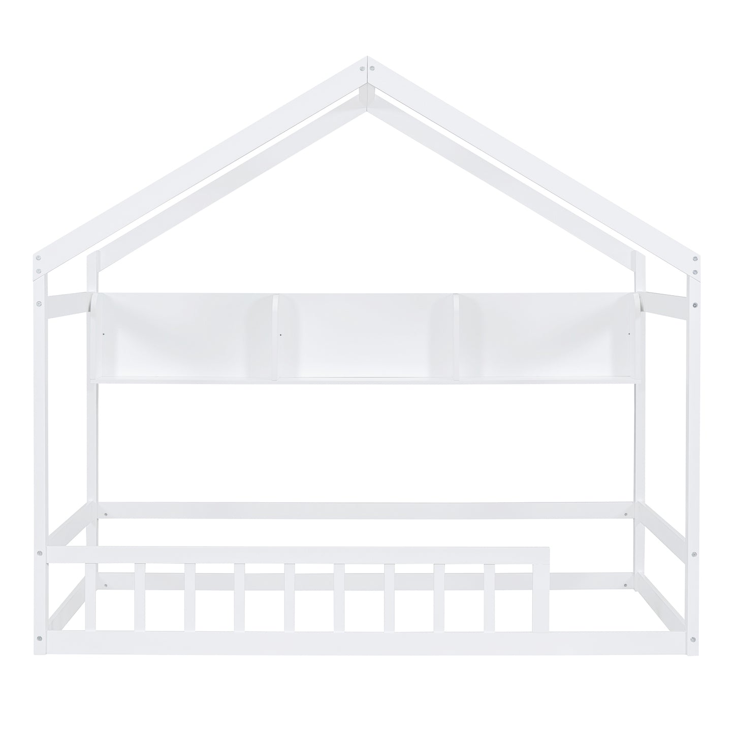 Wooden Twin Size House Bed with Storage Shelf,Kids Bed with Fence and Roof, White