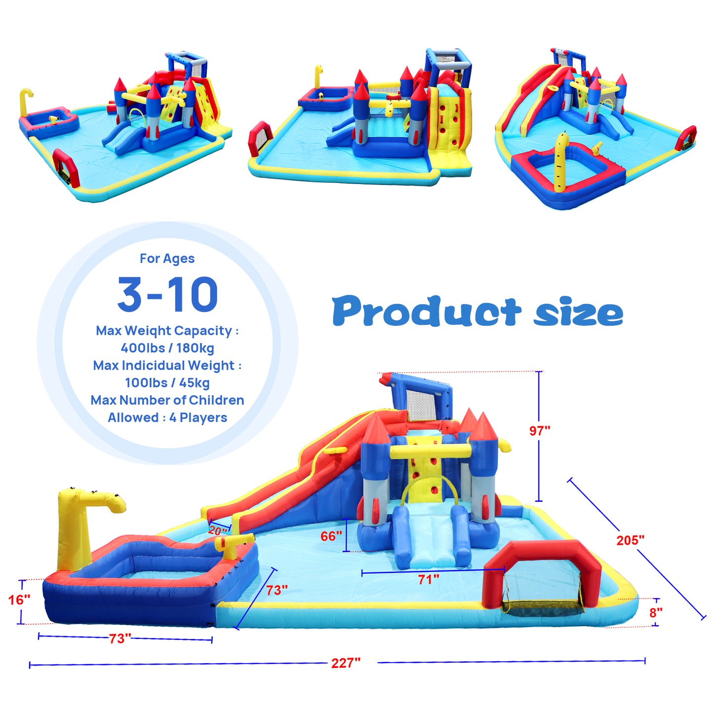 10 in1 Inflatable slide water park  bouncing house garden with splash pool & water gun & basketball & climbing wall & dual pools & soccer