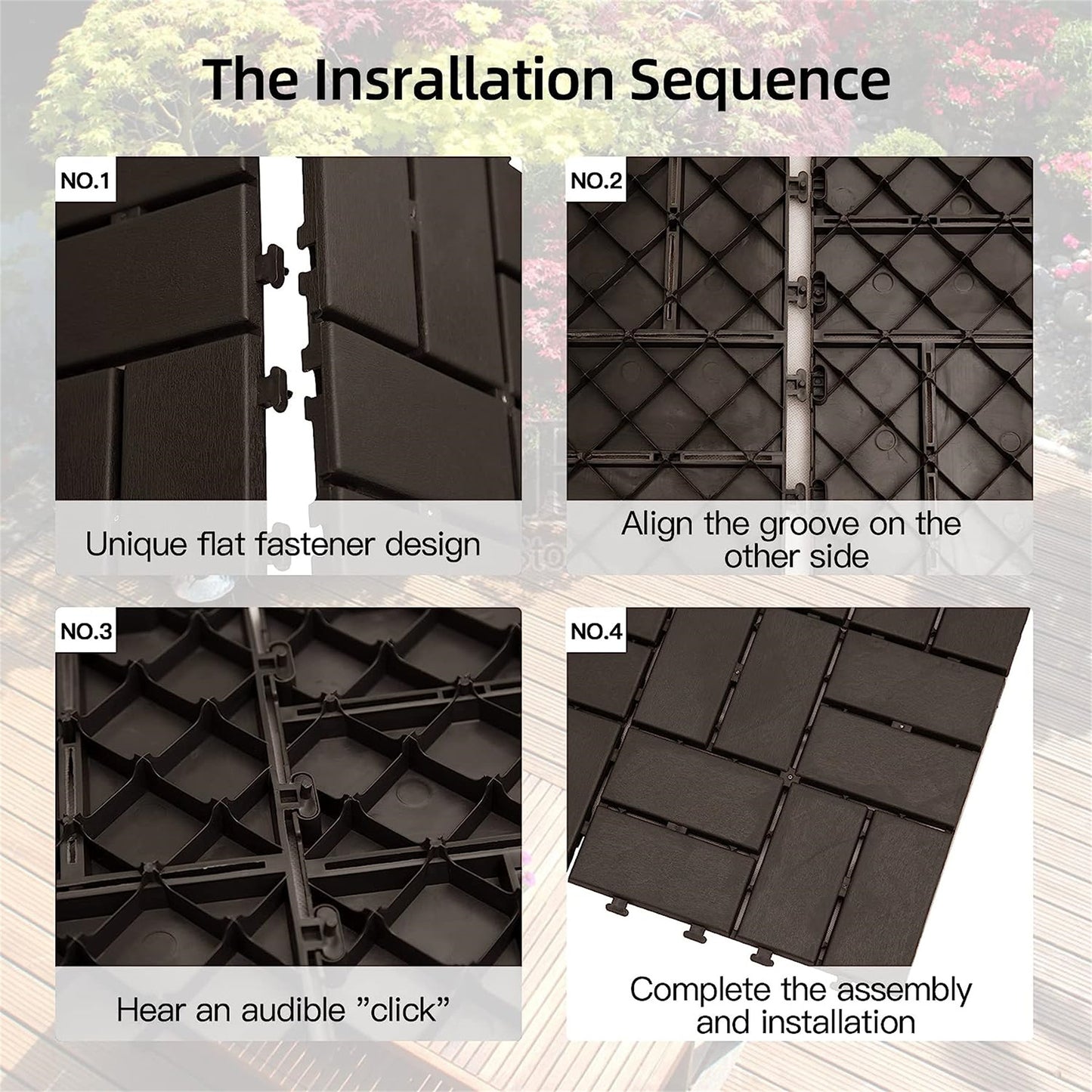 Patio Interlocking Deck Tiles, 12"x12" Square Composite Decking Tiles, Four Slat Plastic Outdoor Flooring Tile All Weather for Balcony Porch Backyard (Brown, Pack of 9)