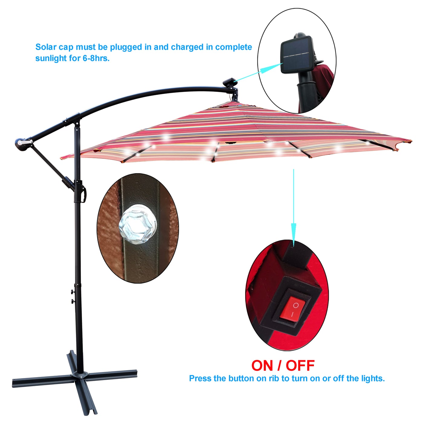 10 ft Outdoor Patio Umbrella Solar Powered LED Lighted Sun Shade Market Waterproof 8 Ribs Umbrella with Crank and Cross Base for Garden Deck Backyard Pool Shade Outside Deck Swimming Pool