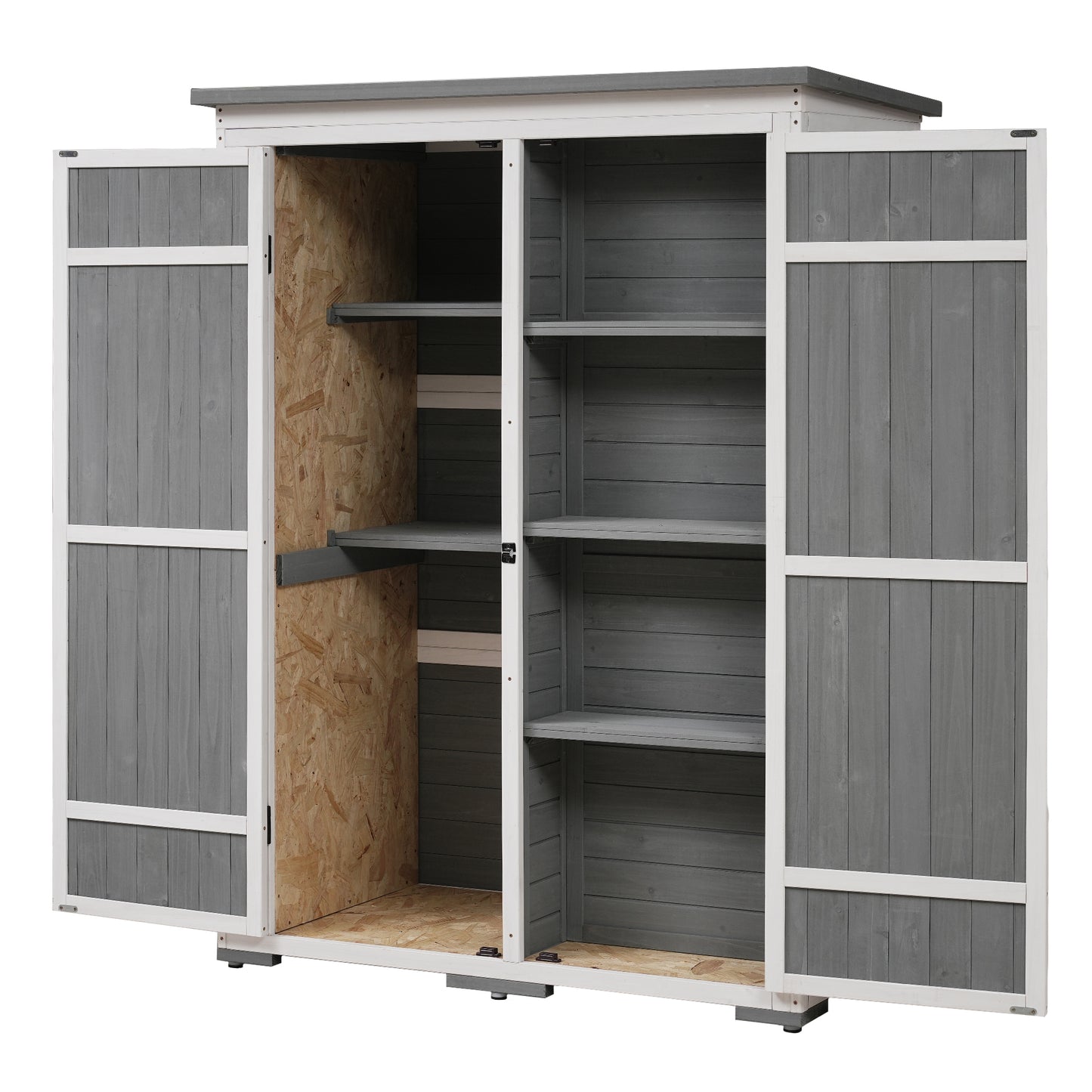 [Video Provided] TOPMAX Outdoor 5.5ft Hx4.1ft L Wood Storage Shed, Garden Tool Cabinet with Waterproof Asphalt Roof, Four Lockable Doors, Multiple-tier Shelves, White and Gray