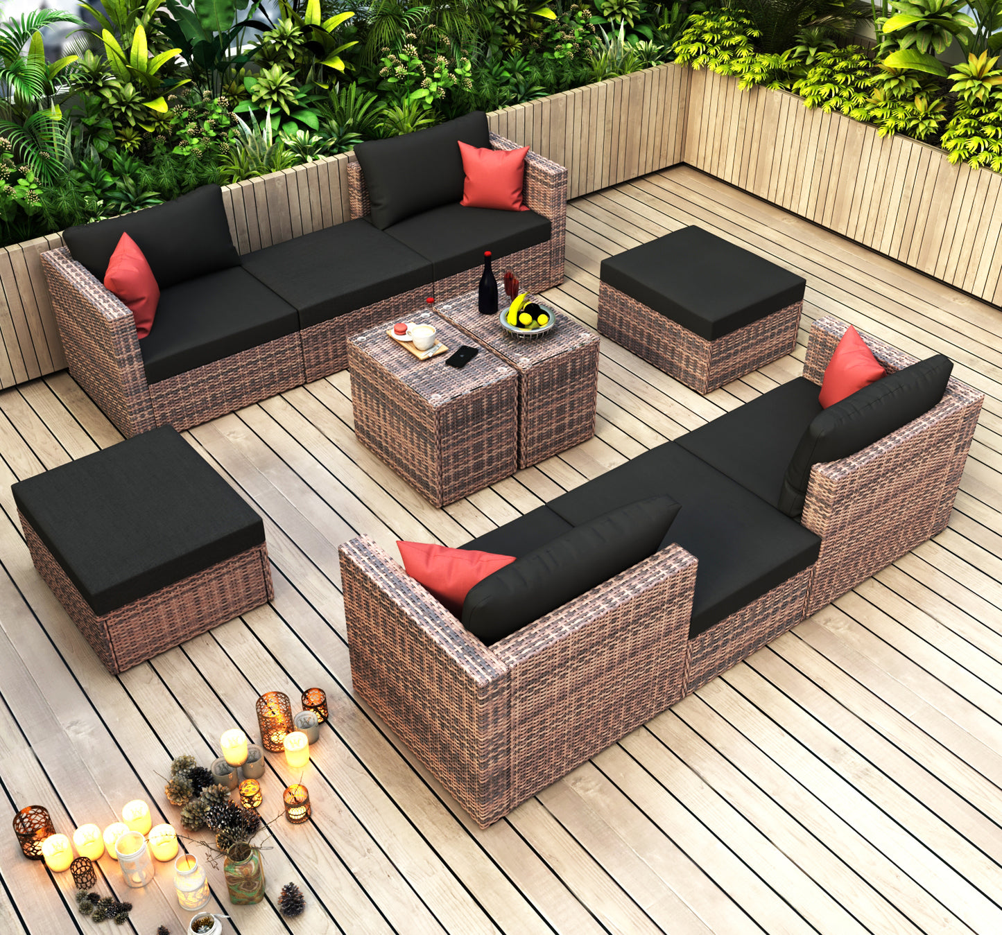 10 Pieces Outdoor Patio Garden Brown Wicker Sectional Conversation Sofa Set with Black Cushions and Red Pillows,w/ Furniture Protection Cover