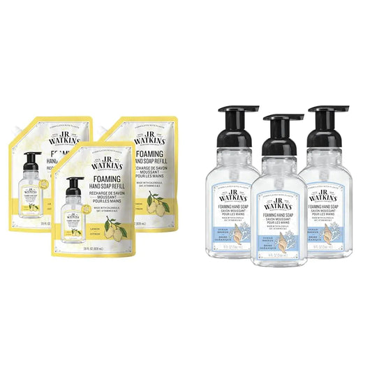 J.R. Watkins Foaming Hand Soap Refill 3 Pack 28 fl oz Lemon and Foaming Hand Soap with Pump 3 Pack 9 fl oz Ocean Breeze Hand Soap Refill + Hand Soap Ocean Breeze