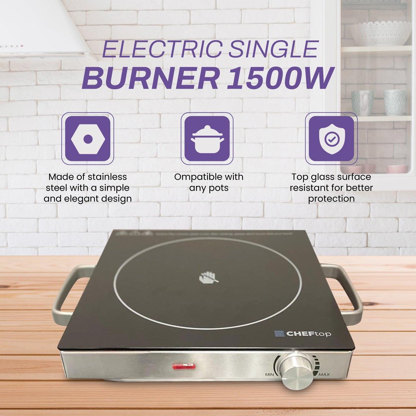 DrinkPod Hot Plate Electric Single Burner 1500W Portable Burner for Cooking with Adjustable Temperature & Stay Cool Handles, Stainless Steel Easy To Clean, Non-Slip Rubber Feet, Compatible for All Cookwares-1