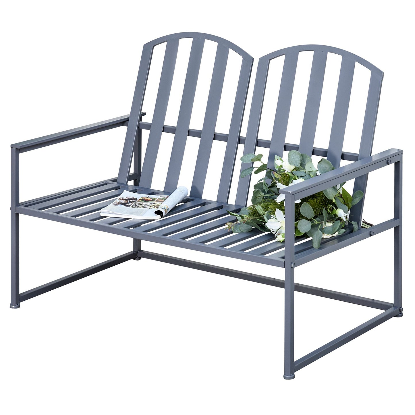 Garden Bench Loveseat 2 Seat Chair for Outdoor Park, Yard, Steel Frame, Decorative Slatted Design, Grey-0