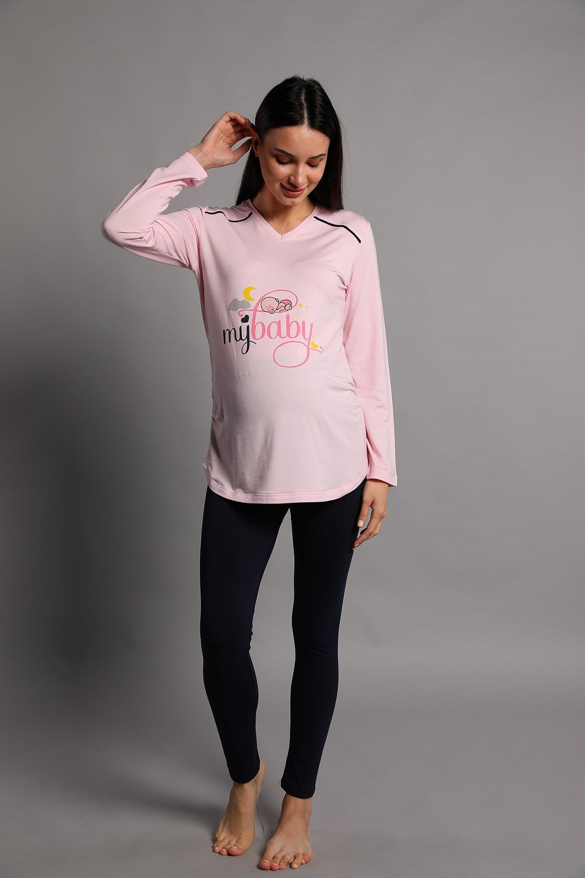 Shopymommy 5345 My Baby Maternity T-Shirt & Tights Set Pink-3