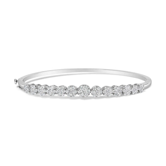 14K White Gold 2 5/8 Cttw Round Diamond 7 Stone Floral Cluster Link Bangle Bracelet (H-I Color, SI1-SI2 Clarity) - Fits Wrists up to 7.25" Inches