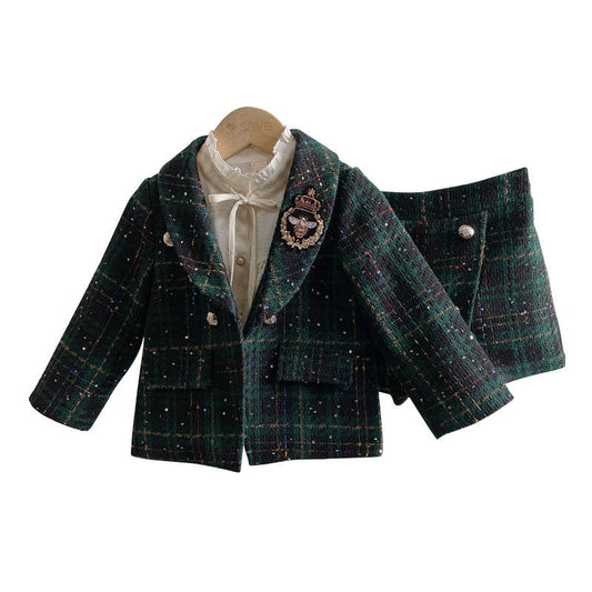 Girls Dark Green Plaid With Dots Open Front Cardigan&Skirt Preppy Suits-0