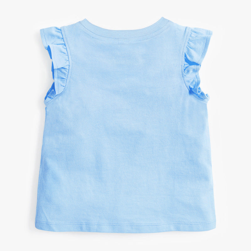 Crew Neck Rabbit Cartoon Print Ruffle Sleeveless Girls’ T-Shirt-1