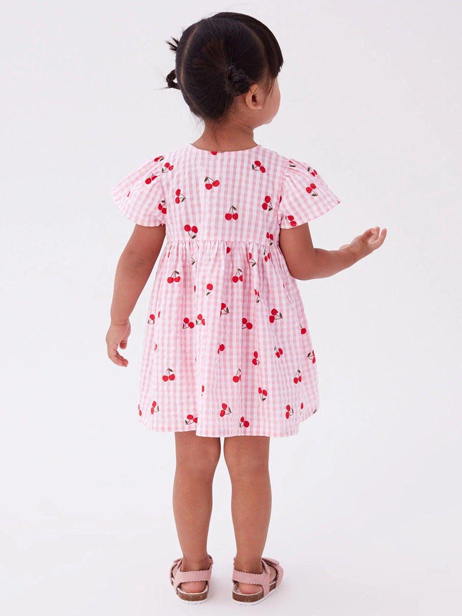 Baby Girls Crew Neck Plaid Cherry Print Short Sleeves Dress-1