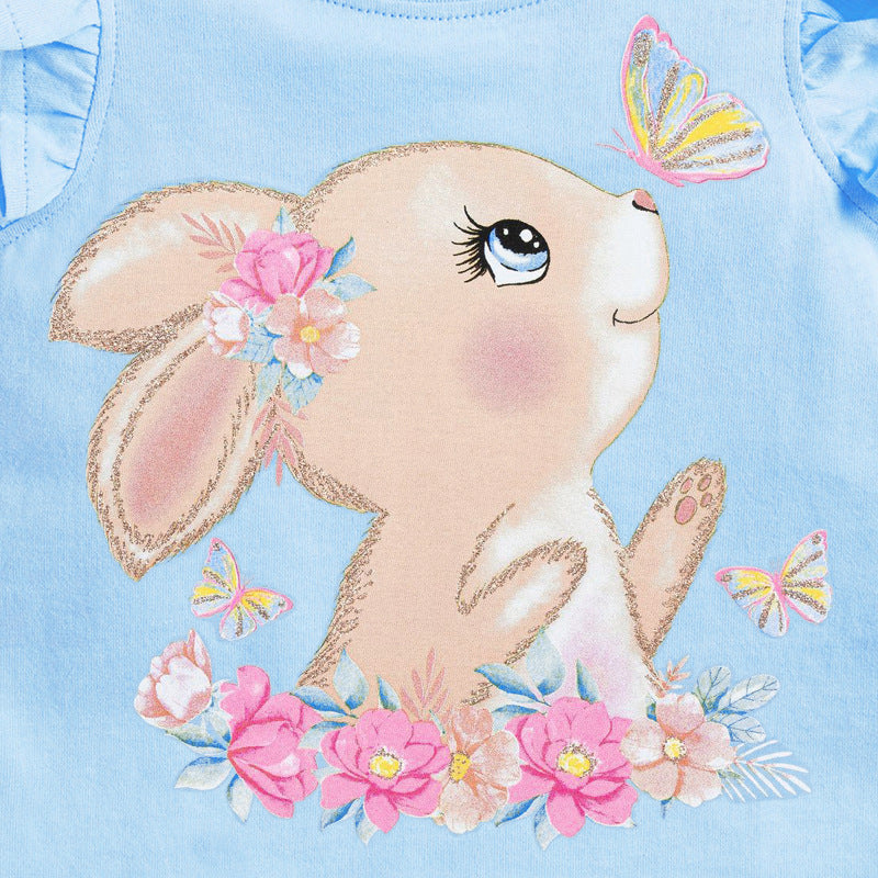 Crew Neck Rabbit Cartoon Print Ruffle Sleeveless Girls’ T-Shirt-2