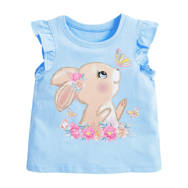 Crew Neck Rabbit Cartoon Print Ruffle Sleeveless Girls’ T-Shirt-3