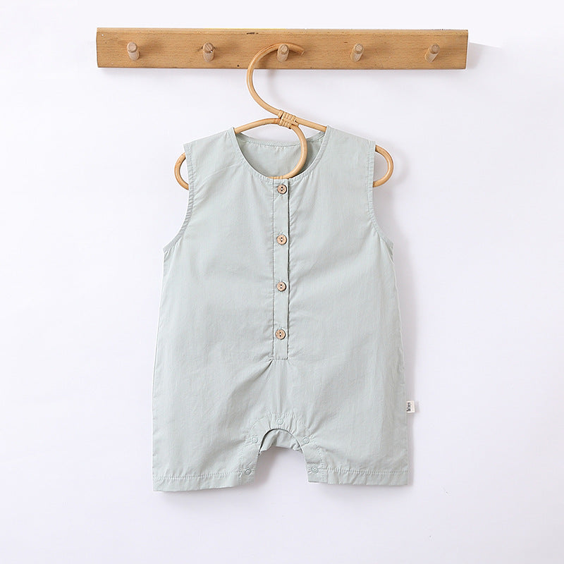 Summer New Arrival Solid Color Crew Neck Button Open Front Sleeveless Rompers-3