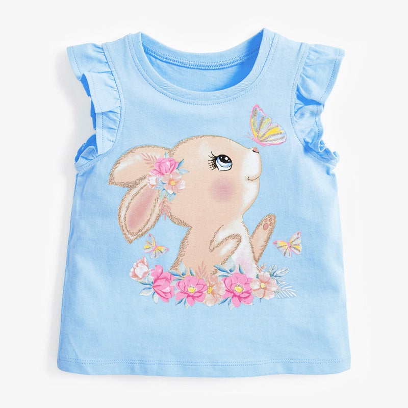 Crew Neck Rabbit Cartoon Print Ruffle Sleeveless Girls’ T-Shirt-0