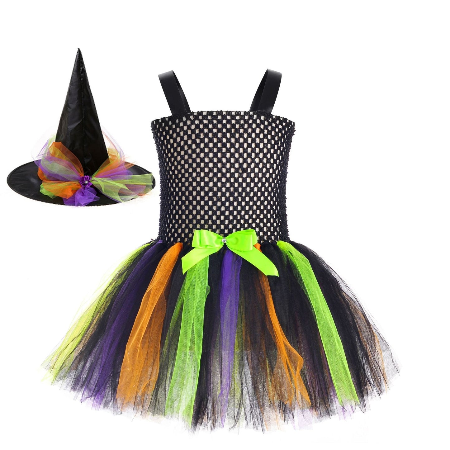 Children’s Halloween Little Witch Costume Mesh Tutu Dress & Hat-0