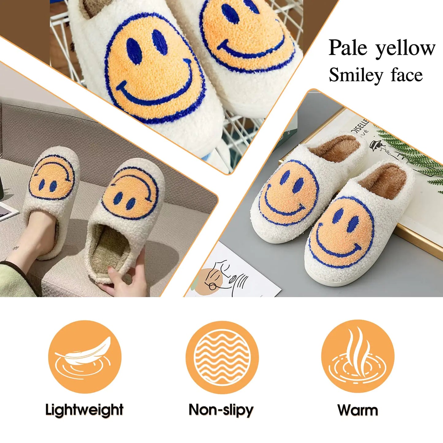 Smile Face Slippers for Women, Soft Plush Smile Slippers Retro Preppy Slippers with Smile Face Happy Face Slippers Slip-on Cozy Indoor Outdoor Slippers 8.5-9.5 Women/8-9 Men Orange