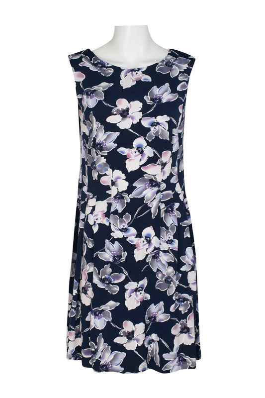 Connected Apparel Scoop Neck Sleeveless Zipper Back Floral Print Fit & Flare Jersey Dress with Pockets-0