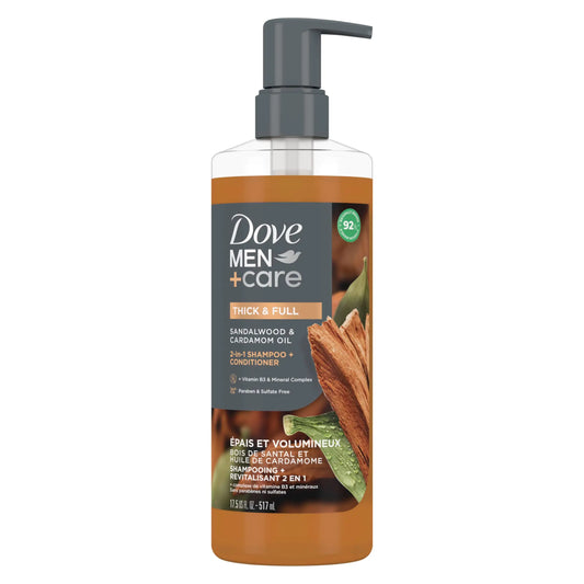 Dove Men+Care 2-in-1 Shampoo + Conditioner Sandalwood & Cardamom Oil for Thick & Full Hair, + Vitamin B3 & Mineral Complex, 17.5 oz