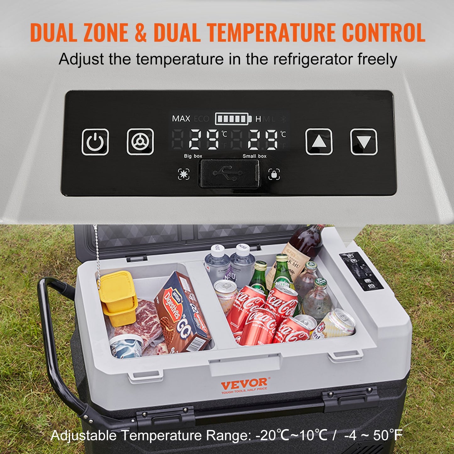 VEVOR Car Refrigerator, 12 Volt Car Refrigerator Fridge, 40QT/38L Dual Zone Portable Freezer, -4℉-50℉ Adjustable Range, 12/24V DC and 100-240V AC Compressor Cooler for Outdoor, Camping, Travel, RV-1