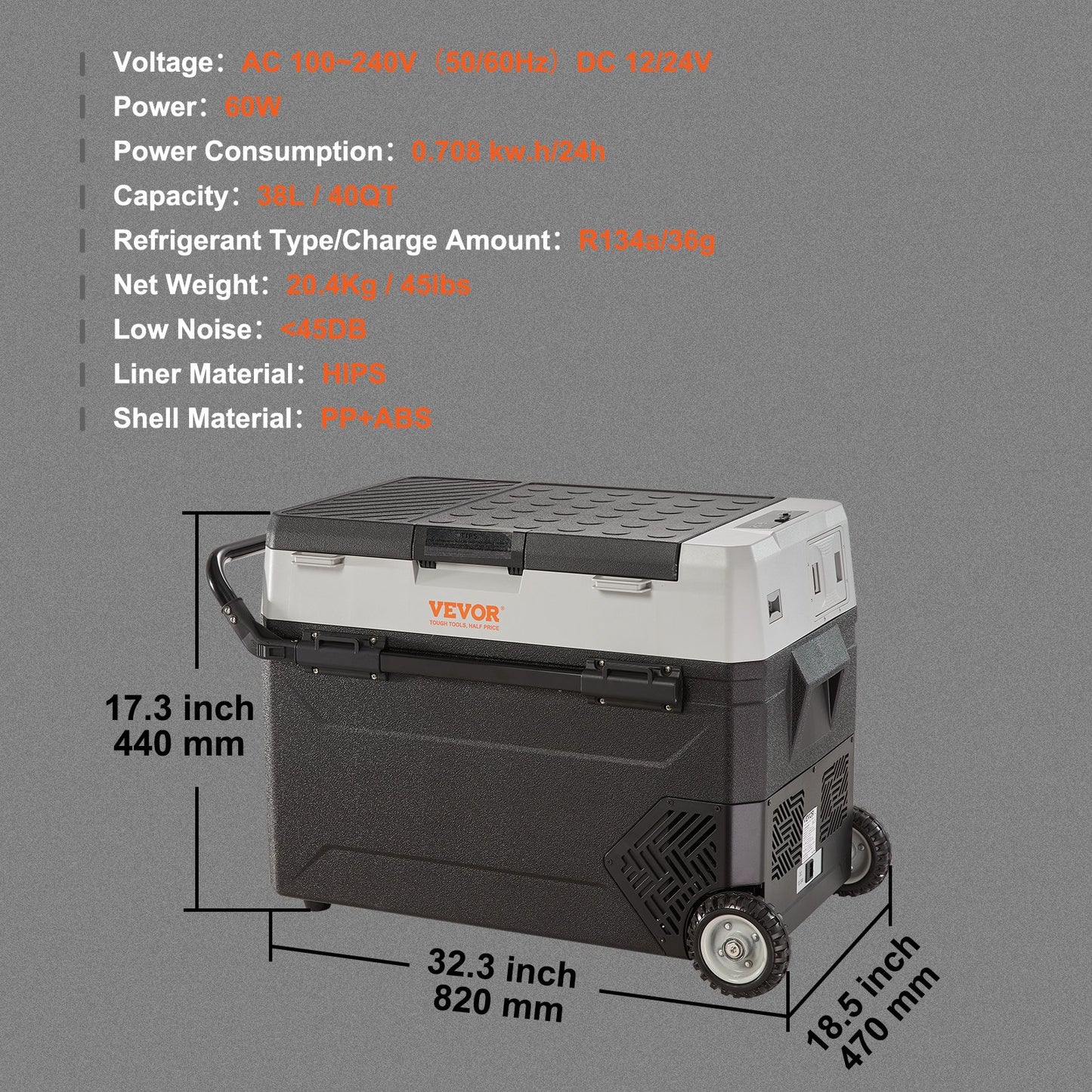 VEVOR Car Refrigerator, 12 Volt Car Refrigerator Fridge, 40QT/38L Dual Zone Portable Freezer, -4℉-50℉ Adjustable Range, 12/24V DC and 100-240V AC Compressor Cooler for Outdoor, Camping, Travel, RV-5