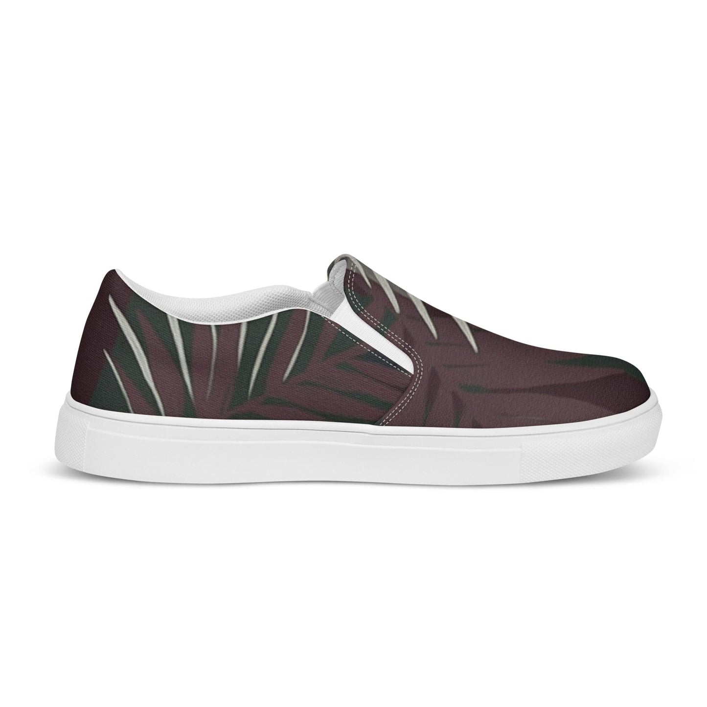 Womens Slip-on Canvas Shoes Palm Tree Leaves Maroon Green Background-2