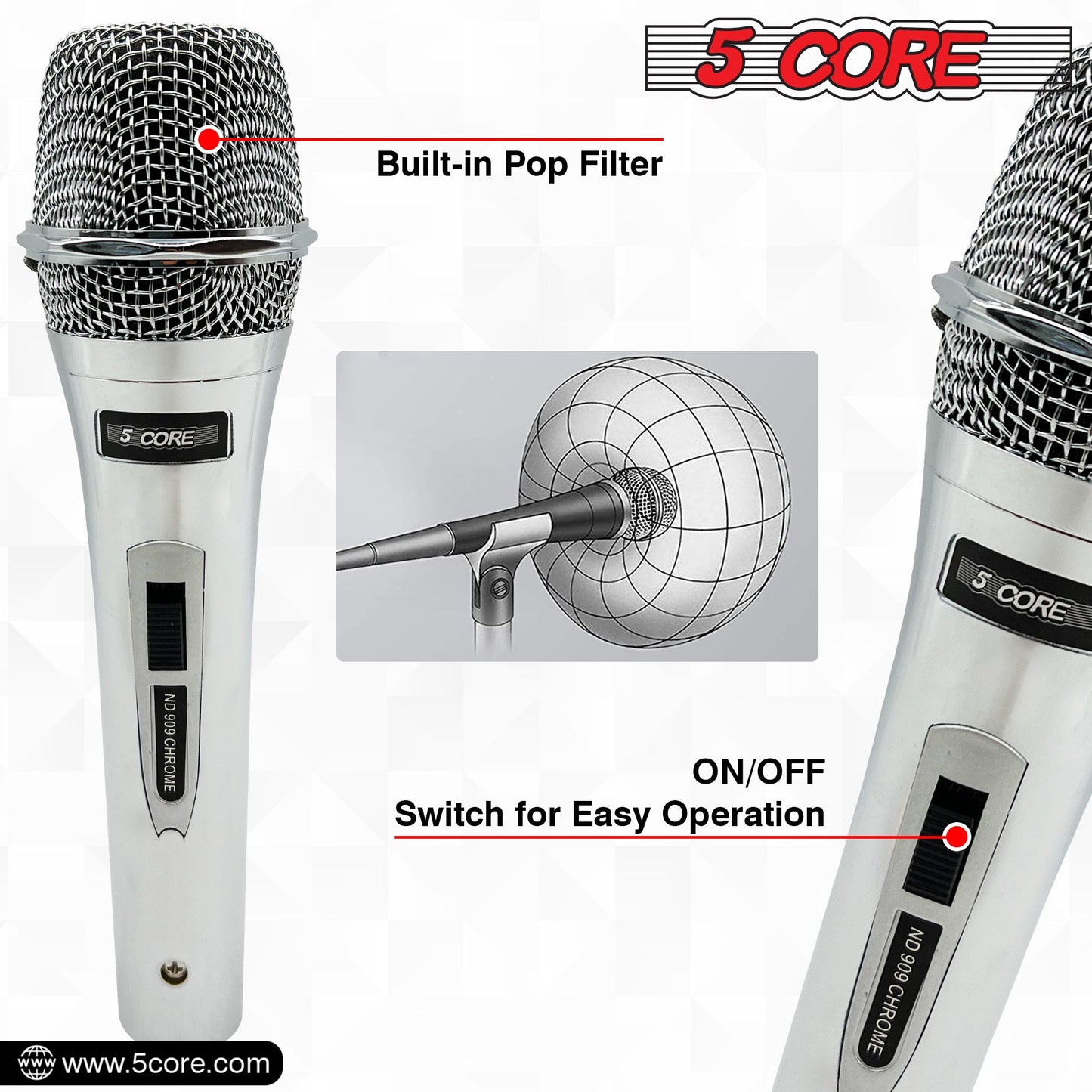 5 Core 4 Pieces Microphone Pro Microfono Dynamic Mic XLR Audio Cardiod Vocal Karaoke ND 909 CHROME 4PCS-8