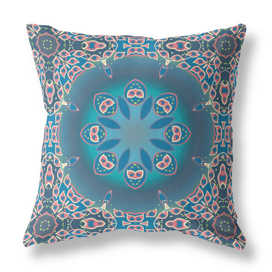 20" Blue Pink Jewel Indoor Outdoor Zippered Throw Pillow