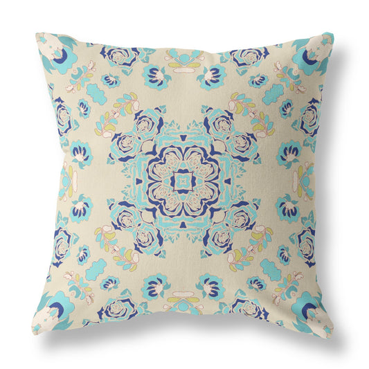 20" Blue Beige Wreath Indoor Outdoor Zippered Throw Pillow