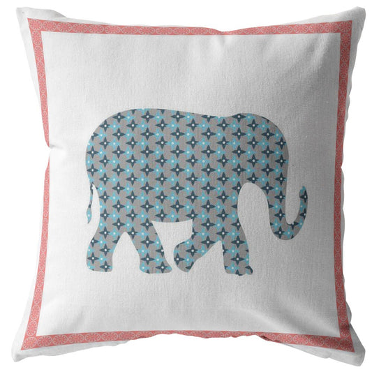 26" Blue Pink Elephant Indoor Outdoor Throw Pillow